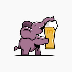A cartoon drawing of a pink elephant raising a pint glass filled with beer. The glass has an M on it.